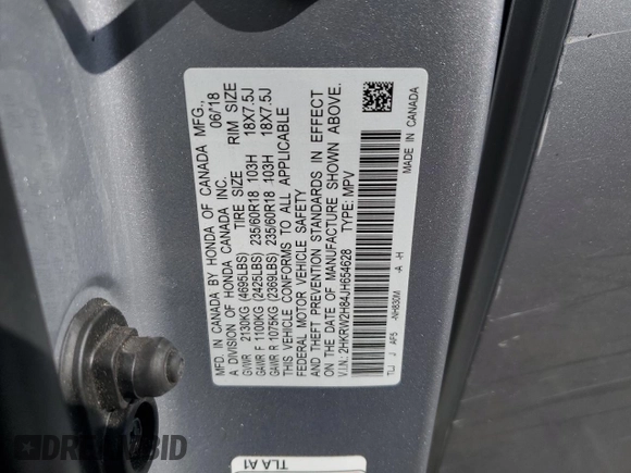 2018 Honda CR-V EX-L with VIN 2HKRW2H84JH654628, listed as a Copart auction lot 48204725 with 106,573 mi miles and Salvage Title. Bid and sale history available at carsss.com. Image 16.