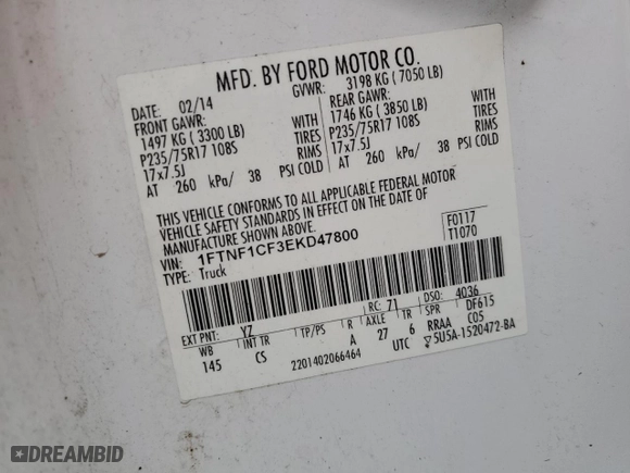 2014 Ford F-150 XL with VIN 1FTNF1CF3EKD47800, listed as a Copart auction lot 49216325 with 258,948 mi miles and Salvage Title. Bid and sale history available at carsss.com. Image 12.