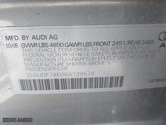 2006 Audi A4 2.0T with VIN WAUDF78E06A129574, listed as a IAAI auction lot 41691985 with 154,490 mi miles. Bid and sale history available at carsss.com. Image 9.