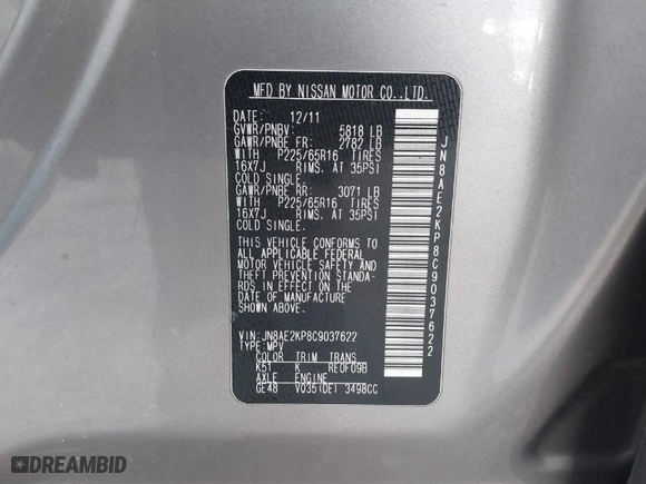 2012 Nissan Quest SL with VIN JN8AE2KP8C9037622, listed as a IAAI auction lot 41736154 with 80,544 mi miles. Bid and sale history available at carsss.com. Image 9.