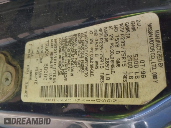 1996 Nissan Frontier XE z VIN 1N6SD11Y6TC377066, wystawiony jako IAAI lot #42041547 z przebiegiem 188 379 mil mil oraz . Historia ofert i sprzedaży dostępna na DreamBid. Obrazek 9.
