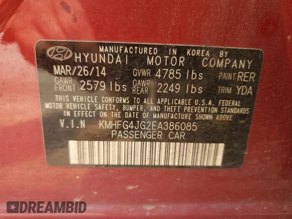 2014 Hyundai Azera with VIN KMHFG4JG2EA386085, listed as a Copart auction lot 58702885 with 183,815 mi miles and Salvage title. Bid and sale history available at DreamBid. Image 12.
