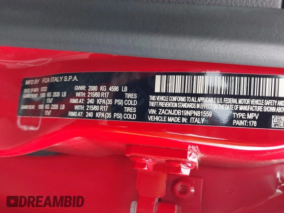 2022 Jeep Renegade Latitude with VIN ZACNJDB19NPN81559, listed as a IAAI auction lot 42329989 with 36,713 mi miles and . Bid and sale history available at DreamBid. Image 9.
