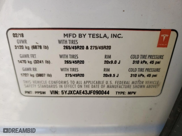 2018 Tesla Model X 75D with VIN 5YJXCAE43JF090044, listed as a Copart auction lot 72898193 with 47049 miles. Bid and sale history available at carsss.com. Image 13.