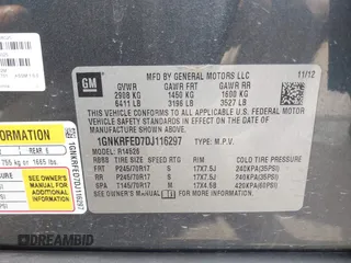 2013 Chevrolet Traverse LS with VIN 1GNKRFED7DJ116297, listed as a IAAI auction lot 41894310 with 180,551 mi miles. Bid and sale history available at carsss.com. Image 9.