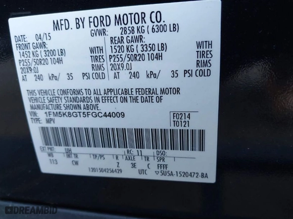 2015 Ford Explorer Sport with VIN 1FM5K8GT5FGC44009, listed as a IAAI auction lot 41434177 with 102,918 mi miles. Bid and sale history available at carsss.com. Image 9.