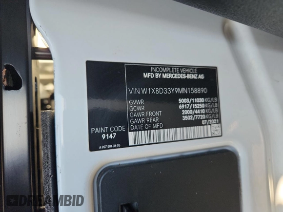2021 Mercedes-Benz Sprinter with VIN W1X8D33Y9MN158890, listed as a Copart auction lot 52627565 with 13,274 mi miles and Salvage Title. Bid and sale history available at DreamBid. Image 10.