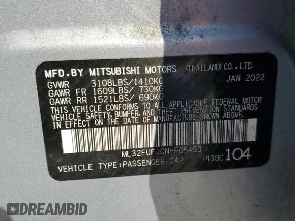 2022 Mitsubishi Mirage ES z VIN ML32FUFJ0NHF05453, wystawiony jako Copart lot #53673125 z przebiegiem 50 565 mil mil oraz Szkoda całkowita • Salvage title. Historia ofert i sprzedaży dostępna na DreamBid. Obrazek 12.