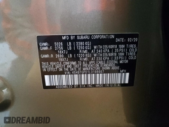 2020 Subaru Outback Touring XT with VIN 4S4BTGPD1L3198667, listed as a Copart auction lot 57894435 with 29,429 mi miles and Salvage title. Bid and sale history available at DreamBid. Image 14.
