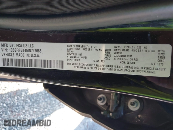 2021 Ram 1500 Big Horn с VIN 1C6SRFBT4MN727666, выставлен на аукционе IAAI как лот 41052455 с пробегом 46 236 миль миль и . История ставок и продаж доступна на DreamBid. Изображение 9.