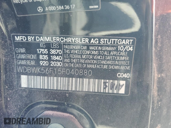 2005 Mercedes-Benz SLK 230/320 with VIN WDBWK56F15F040880, listed as a Copart auction lot 76251844 with 51,702 mi miles and Non Repairable. Bid and sale history available at DreamBid. Image 13.