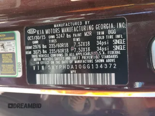 2016 Kia Sorento EX with VIN 5XYPHDA10GG134372, listed as a Copart auction lot 55132025 with 261,022 mi miles and Salvage Title. Bid and sale history available at DreamBid. Image 12.