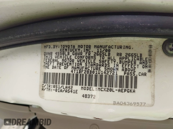 2001 Toyota Avalon XL z VIN 4T1BF28B01U142721, wystawiony jako IAAI lot #42340748 z przebiegiem 204 644 mil mil oraz . Historia ofert i sprzedaży dostępna na DreamBid. Obrazek 9.