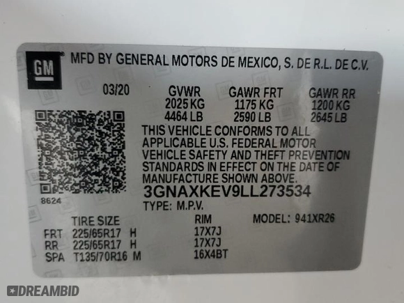 2020 Chevrolet Equinox LT with VIN 3GNAXKEV9LL273534, listed as a Copart auction lot 88319075 with 59,385 mi miles and Salvage Title. Bid and sale history available at carsss.com. Image 15.