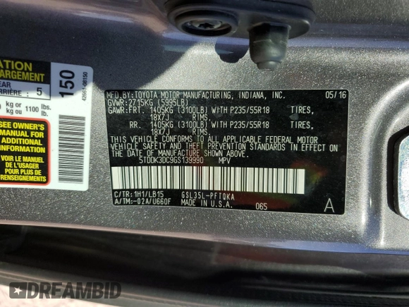 2016 Toyota Sienna Ltd with VIN 5TDDK3DC9GS139990, listed as a Copart auction lot 49507805 with 171,047 mi miles and Salvage Title. Bid and sale history available at carsss.com. Image 13.
