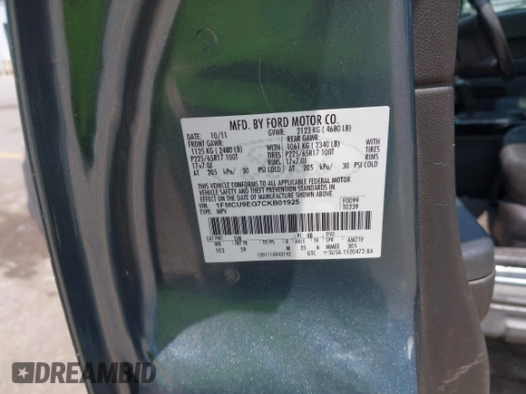 2012 Ford Escape Limited с VIN 1FMCU9EG7CKB01925, выставлен на аукционе IAAI как лот 42468280 с пробегом 275 034 миль миль и . История ставок и продаж доступна на DreamBid. Изображение 9.