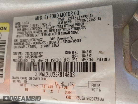 2014 Lincoln MKZ Hybrid with VIN 3LN6L2LU2ER814603, listed as a IAAI auction lot 39576919 with 116,367 mi miles and . Bid and sale history available at DreamBid. Image 9.