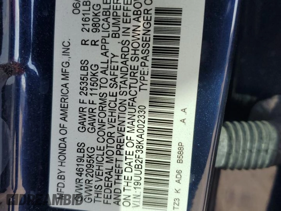2019 Acura TLX with VIN 19UUB2F38KA002330, listed as a Copart auction lot 43349035 with 104,739 mi miles and Non Repairable. Bid and sale history available at carsss.com. Image 13.