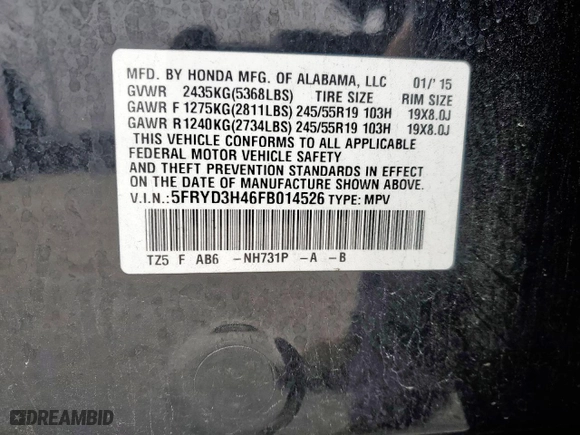 2015 Acura MDX Tech Pkg with VIN 5FRYD3H46FB014526, listed as a Copart auction lot 45766005 with 246,032 mi miles and Salvage Title. Bid and sale history available at carsss.com. Image 13.