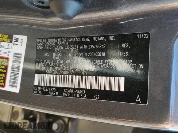 2023 Toyota Highlander L with VIN 5TDKDRAH7PS009775, listed as a Copart auction lot 61952625 with 55,475 mi miles and Salvage title. Bid and sale history available at DreamBid. Image 13.