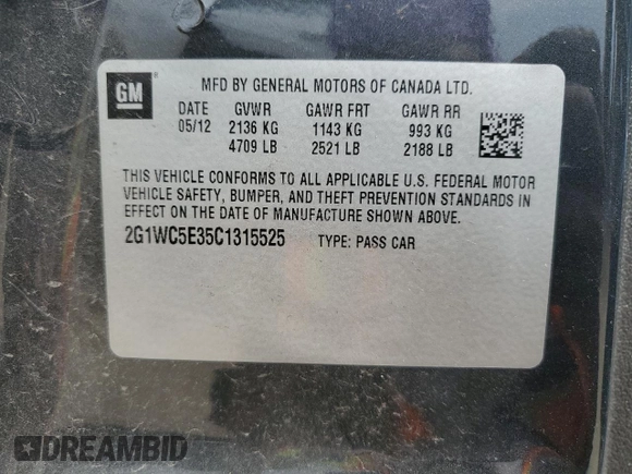 2012 Chevrolet Impala LTZ with VIN 2G1WC5E35C1315525, listed as a Copart auction lot 47987615 with 130,099 mi miles and Salvage Title. Bid and sale history available at DreamBid. Image 13.