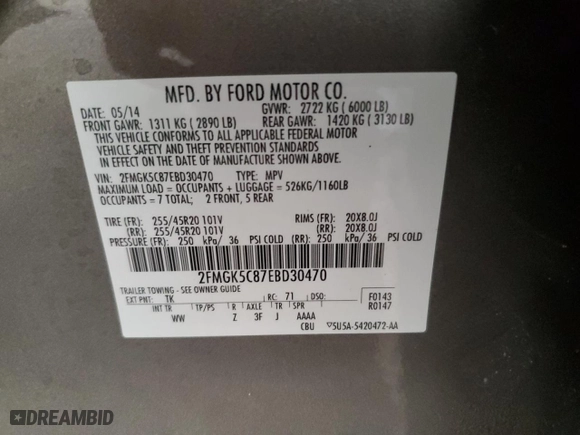 2014 Ford Flex SEL with VIN 2FMGK5C87EBD30470, listed as a Copart auction lot 45522435 with 130,169 mi miles and Salvage Title. Bid and sale history available at carsss.com. Image 15.