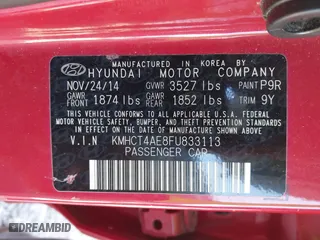 2015 Hyundai Accent GLS with VIN KMHCT4AE8FU833113, listed as a IAAI auction lot 40975977 with 143,038 mi miles. Bid and sale history available at carsss.com. Image 9.