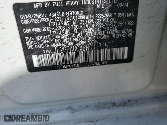 2014 Subaru Crosstrek Limited z VIN JF2GPAGCXEH339715, wystawiony jako Copart lot #53371255 z przebiegiem 199 822 mil mil oraz Szkoda całkowita • Salvage title. Historia ofert i sprzedaży dostępna na DreamBid. Obrazek 13.