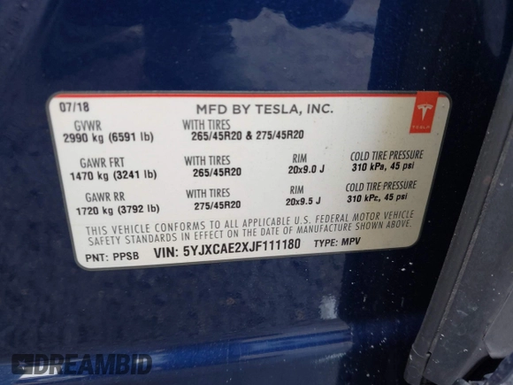 2018 Tesla Model X 75D with VIN 5YJXCAE2XJF111180, listed as a IAAI auction lot 41988079 with 114,593 mi miles and . Bid and sale history available at DreamBid. Image 9.