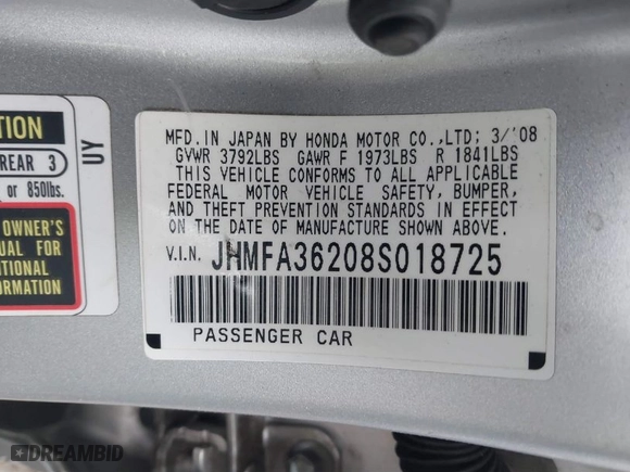 2008 Honda Civic Hybrid with VIN JHMFA36208S018725, listed as a IAAI auction lot 41815877 with 192,203 mi miles. Bid and sale history available at carsss.com. Image 9.