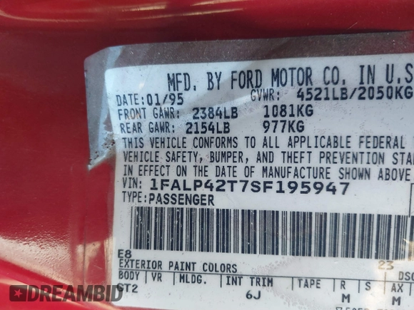 1995 Ford Mustang GT with VIN 1FALP42T7SF195947, listed as a IAAI auction lot 41071118 with 156,241 mi miles and . Bid and sale history available at DreamBid. Image 9.