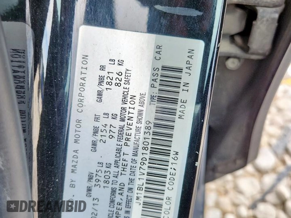 2013 Mazda 3 i Touring with VIN JM1BL1V79D1801389, listed as a Copart auction lot 60032105 with 123,384 mi miles and Salvage title. Bid and sale history available at DreamBid. Image 12.