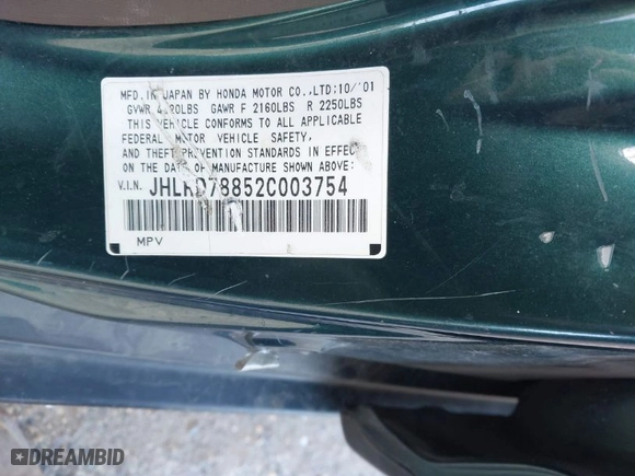 2002 Honda CR-V EX with VIN JHLRD78852C003754, listed as a IAAI auction lot 42017163 with 210,922 mi miles. Bid and sale history available at carsss.com. Image 9.