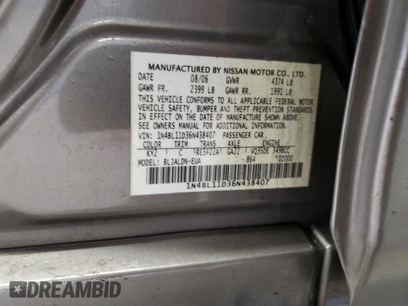 2006 Nissan Altima SL with VIN 1N4BL11D36N438407, listed as a Copart auction lot 50048065 with 186,073 mi miles and Salvage title. Bid and sale history available at DreamBid. Image 14.