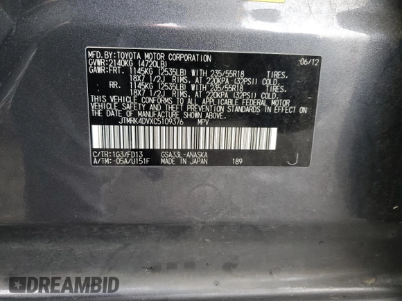 2012 Toyota RAV4 Sport with VIN JTMRK4DVXC5109376, listed as a Copart auction lot 49725735 with 111,830 mi miles and Salvage Title. Bid and sale history available at carsss.com. Image 13.
