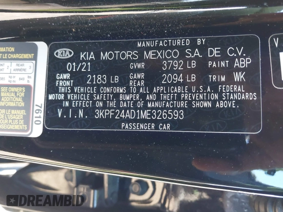 2021 Kia Forte FE with VIN 3KPF24AD1ME326593, listed as a IAAI auction lot 41816413 with 40,938 mi miles and . Bid and sale history available at carsss.com. Image 9.