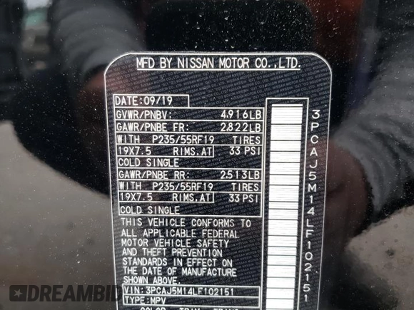 2020 Infiniti QX50 Luxe with VIN 3PCAJ5M14LF102151, listed as a Copart auction lot 57904965 with 52,116 mi miles and Salvage title. Bid and sale history available at DreamBid. Image 13.