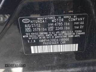 2013 Hyundai Azera with VIN KMHFH4JG9DA198966, listed as a IAAI auction lot 42232410 with 177,041 mi miles and . Bid and sale history available at carsss.com. Image 9.