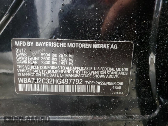 2017 BMW 7 Series 740e xDrive iPerformance with VIN WBA7J2C32HG497792, listed as a Copart auction lot 75566654 with 0 mi miles and Clean Title. Bid and sale history available at carsss.com. Image 12.