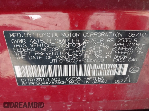 2010 Lexus IS 250 with VIN JTHCF5C27A5042660, listed as a IAAI auction lot 42225646 with 178,803 mi miles and . Bid and sale history available at DreamBid. Image 9.