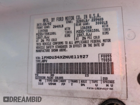 1992 Ford Explorer Eddie Bauer with VIN 1FMDU34X2NUE11927, listed as a Copart auction lot 52094875 with 53,449 mi miles and Salvage title. Bid and sale history available at DreamBid. Image 12.