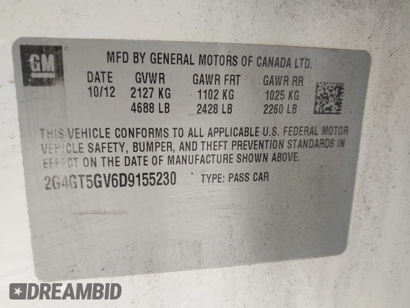 2013 Buick Regal Turbo Premium 2 with VIN 2G4GT5GV6D9155230, listed as a IAAI auction lot 42541524 with 201,487 mi miles and . Bid and sale history available at DreamBid. Image 9.