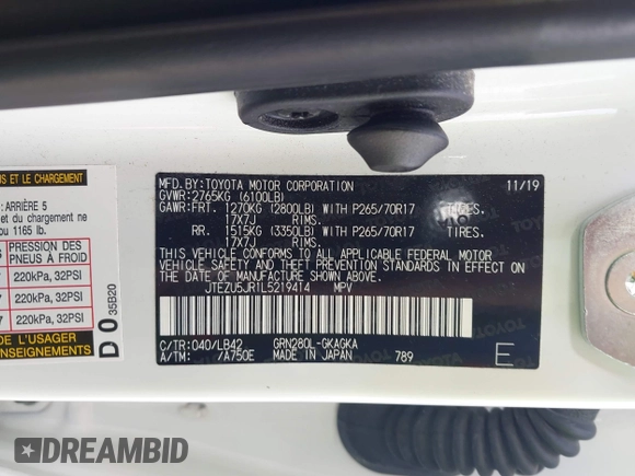2020 Toyota 4Runner SR5 with VIN JTEZU5JR1L5219414, listed as a IAAI auction lot 42499908 with 28,457 mi miles and . Bid and sale history available at DreamBid. Image 9.