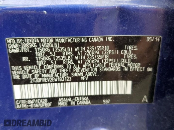 2014 Toyota RAV4 Limited with VIN 2T3DFREV2EW183123, listed as a Copart auction lot 65645535 with 74,997 mi miles and Salvage title. Bid and sale history available at DreamBid. Image 13.