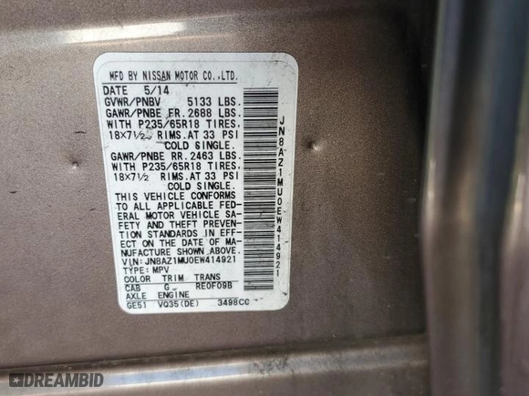 2014 Nissan Murano S with VIN JN8AZ1MU0EW414921, listed as a Copart auction lot 41758705 with 195,894 mi miles and Clean Title. Bid and sale history available at carsss.com. Image 13.