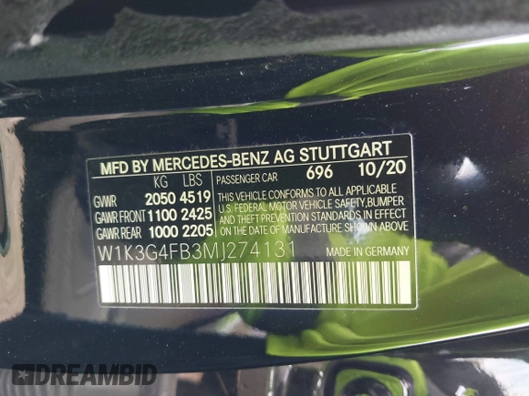 2021 Mercedes-Benz A 220 with VIN W1K3G4FB3MJ274131, listed as a IAAI auction lot 42203870 with 61,964 mi miles and . Bid and sale history available at DreamBid. Image 9.