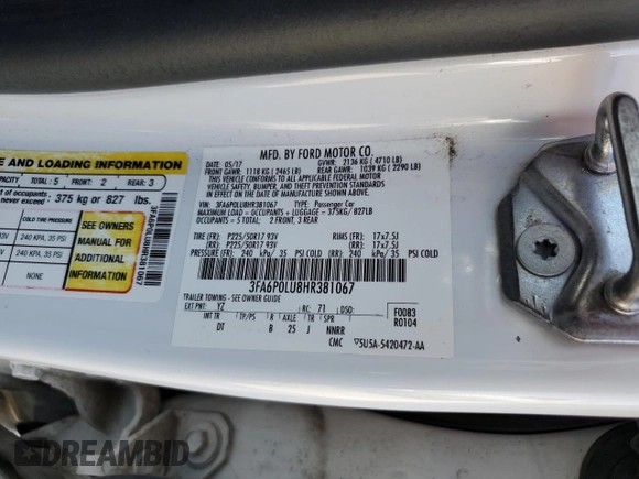2017 Ford Fusion Hybrid SE with VIN 3FA6P0LU8HR381067, listed as a Copart auction lot 60173255 with 76,046 mi miles and Salvage title. Bid and sale history available at DreamBid. Image 12.