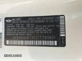 2007 MINI Hardtop S with VIN WMWMF73527TT83851, listed as a Copart auction lot 54740125 with 140,296 mi miles and Clean Title. Bid and sale history available at DreamBid. Image 12.