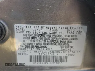 2017 Nissan Note SL with VIN 3N1CE2CP6HL359082, listed as a Copart auction lot 56046695 with 129,463 mi miles and Salvage title. Bid and sale history available at DreamBid. Image 13.