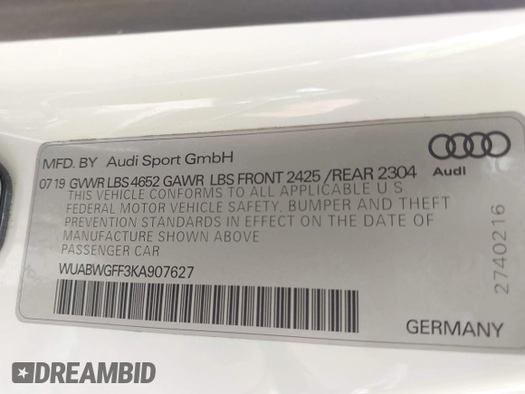 2019 Audi RS 3 with VIN WUABWGFF3KA907627, listed as a IAAI auction lot 42119014 with 38,651 mi miles and . Bid and sale history available at DreamBid. Image 9.